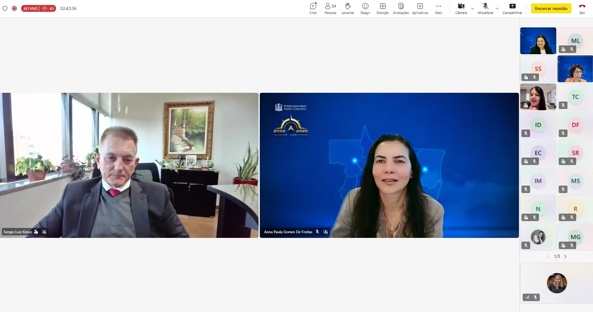 Captura de tela de reunião virtual. Em destaque aparecem o desembargador do Tribunal de Justiça do Paraná, Sérgio Luiz Kreuz, homem de pele clara e cabelos curtos grisalhos, vestindo terno escuro, camisa clara e gravata vermelha, e a juíza auxiliar da Corregedoria, Anna Paula Gomes de Freitas.